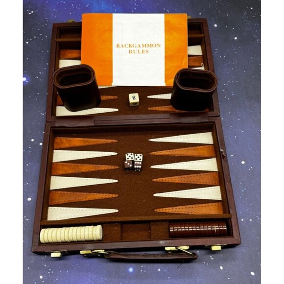Vintage Backgammon Game Stripe Leatherette Set Briefcase Folding Travel Case - Picture 1 of 14